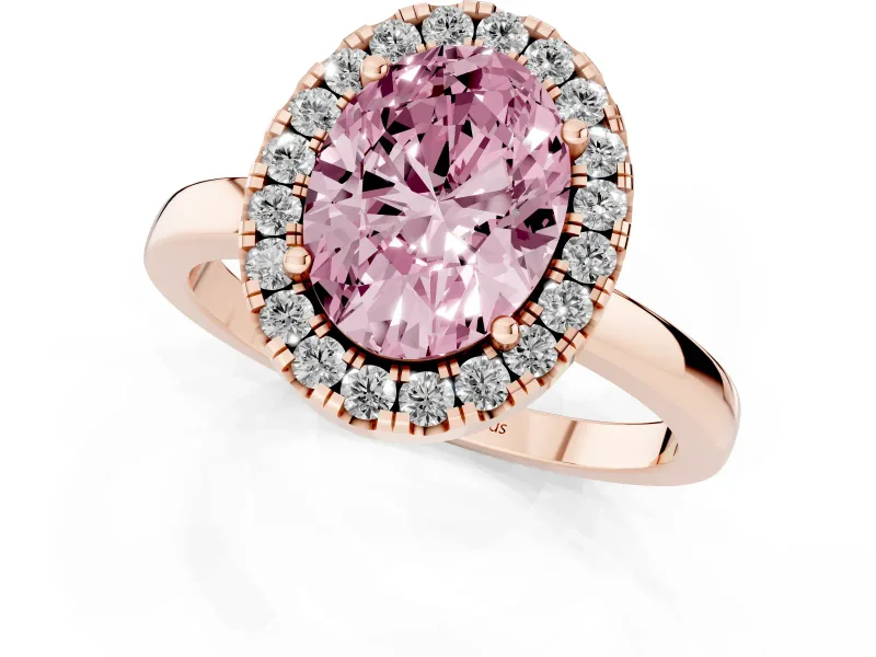Fancy Pink Oval Cut Diamond Halo Solitaire Ring Set in Rose gold with Pavé Band and Prong Setting