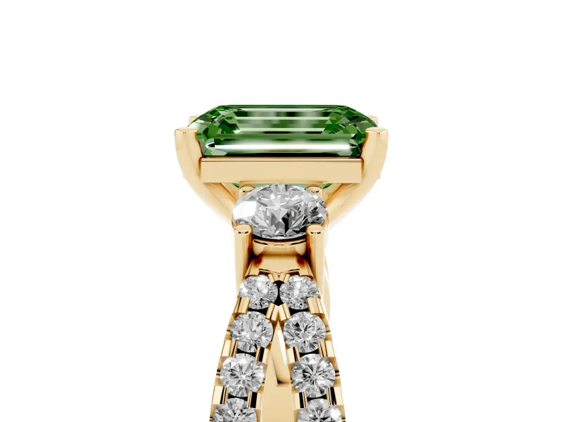 Fancy Green Emerald Cut Diamond Three-Stone Ring Set in Yellow gold with Pavé Split Shank and Prong Setting