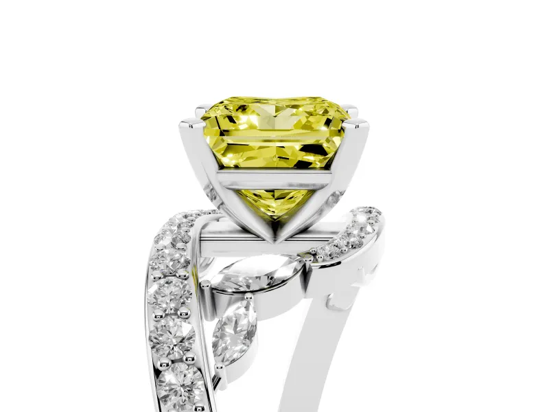 Fancy Yellow Princess Cut Diamond Solitaire Ring Set in White gold with Pavé Twist Band and Secure Prong Setting