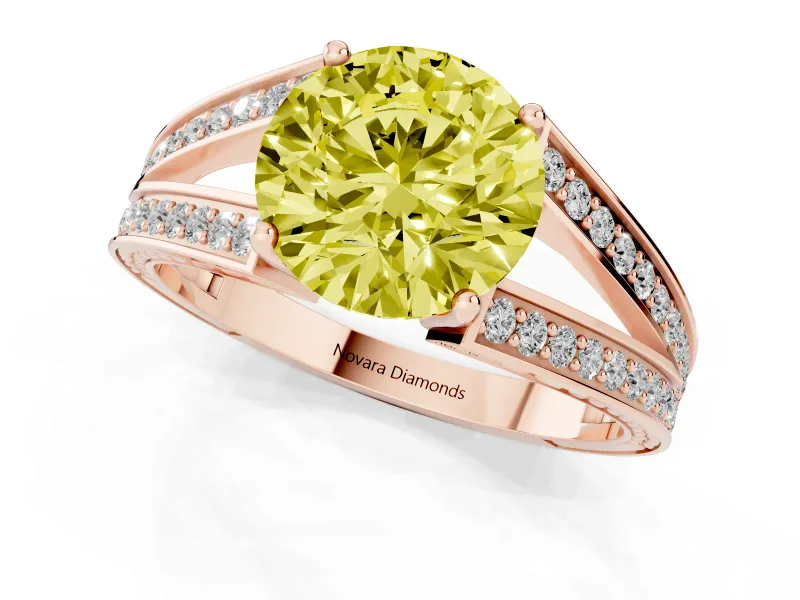 Fancy Yellow Round Cut Diamond Split Shank Ring Set in Rose gold with Pavé Band and Prong Setting
