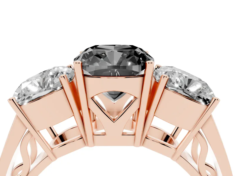 Fancy Black Cushion Cut Diamond Three-Stone Ring Set in Rose gold with Textured Band