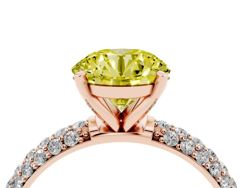 Fancy Yellow Round Cut Diamond Solitaire Ring Set in Rose gold with Prong Setting and Pavé-Set Band
