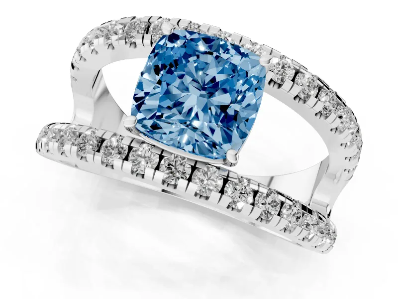 Cushion Cut Wide Open Split Shank Engagement Ring Setting for a Fancy Blue Lab-Grown Diamond | Pavé Strands | Platinum