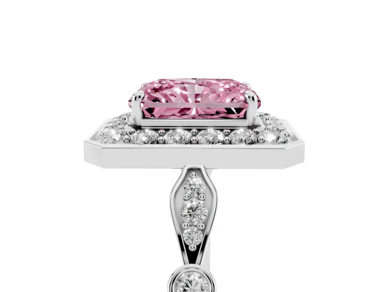 Radiant Cut Vintage Halo Engagement Ring Setting for a Fancy Pink Lab-Grown Diamond | Bezel Station Shoulders | Platinum