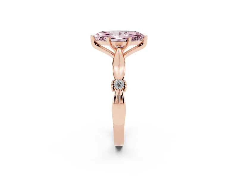 Fancy Pink Marquise Cut Diamond Solitaire Twisted Band Ring Set in Rose gold with Accent Stones and Prong Setting