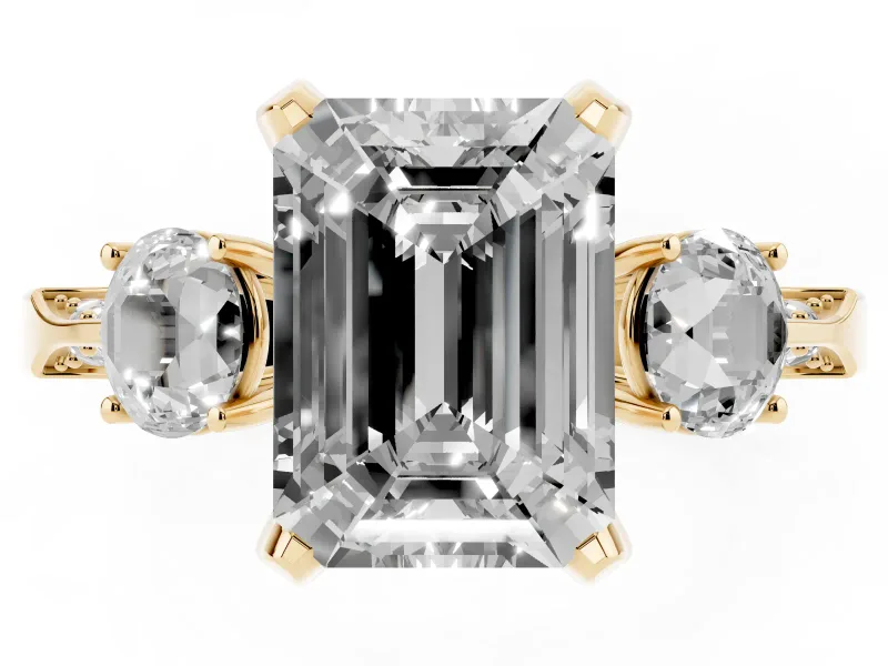 Emerald Cut Hidden Halo Three Stone Engagement Ring Setting for a Black Center | Yellow Gold