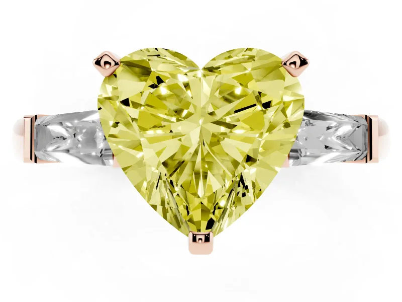 Heart-Shaped Three Stone Engagement Ring Setting for a Fancy Yellow Lab-Grown Diamond | Tapered Baguettes | Rose Gold