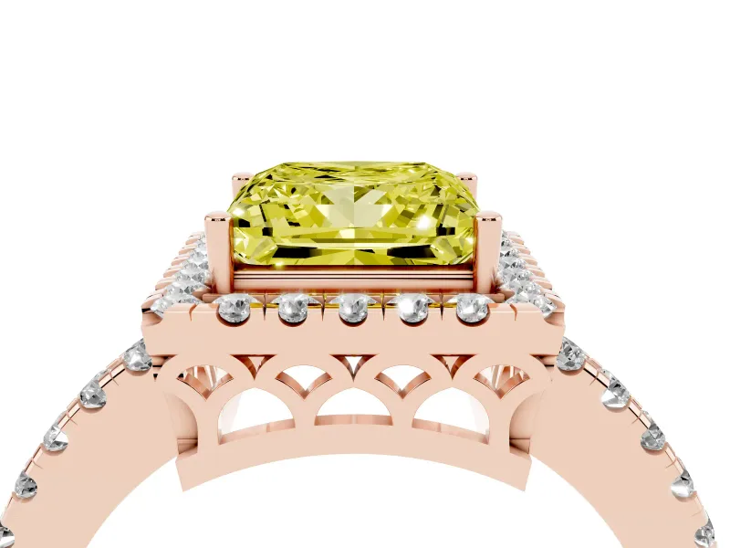 Fancy Yellow Princess Cut Diamond Pavé Band Halo Engagement Ring Set in Rose gold with Prong Setting