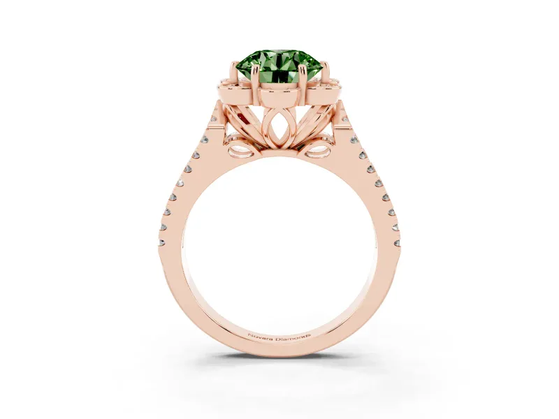Round Petal Frame Floral Halo Engagement Ring Setting for a Fancy Green Lab-Grown Diamond | Pavé Split Shank | Rose Gold