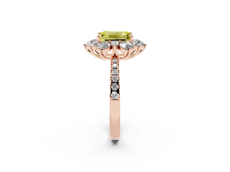 Emerald Cut Star Floral Halo Engagement Ring Setting for a Fancy Yellow Lab-Grown Diamond | Rose Gold