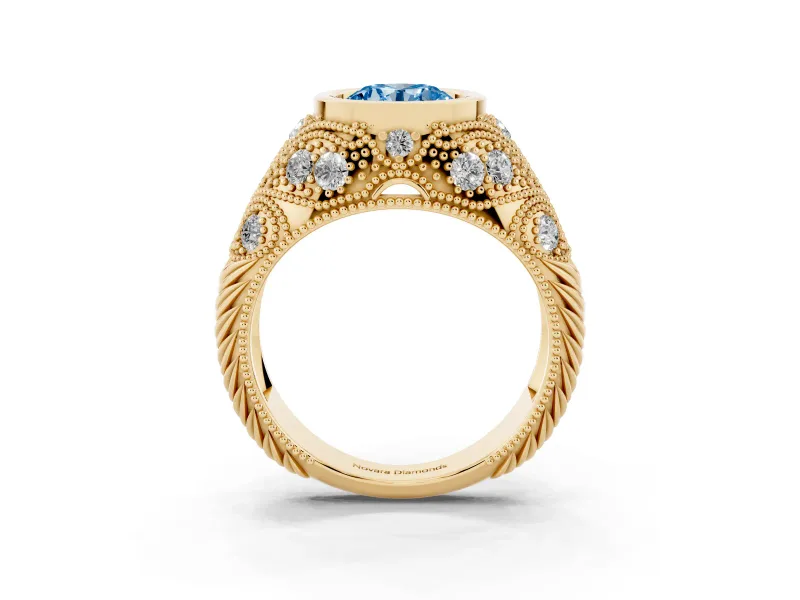 Round Vintage Bezel Engagement Ring Setting for a Fancy Blue Lab-Grown Diamond | Yellow Gold