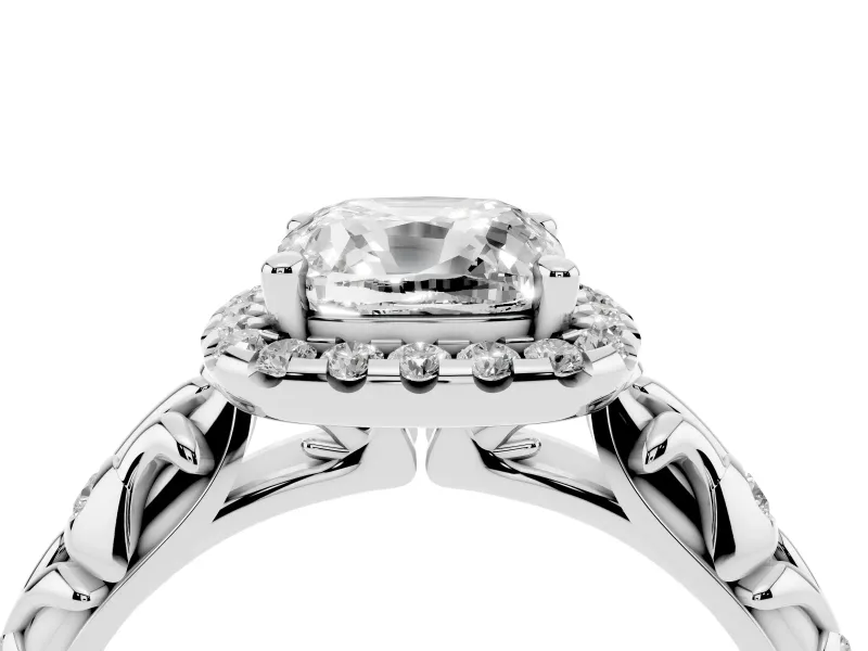 Cushion Cut Filigree Leaf Halo Engagement Ring Setting | Bezel Leaf Accents | Sterling Silver