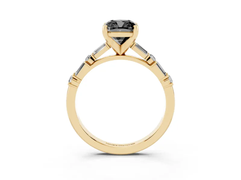 Cushion Cut Baguette Side Stone Engagement Ring Setting for a Black Center | Yellow Gold