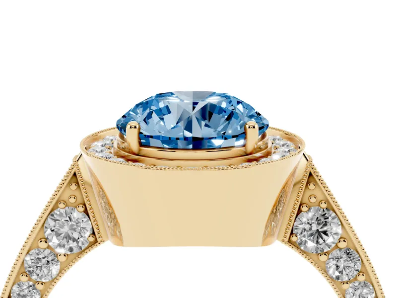 Round Milgrain Halo Engagement Ring Setting for a Fancy Blue Lab-Grown Diamond | Side Stones | Yellow Gold
