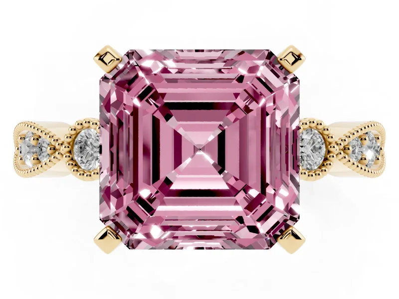 Fancy Pink Asscher Cut Diamond Solitaire Engagement Ring Set in Yellow gold with Milgrain Bezel Accent Band