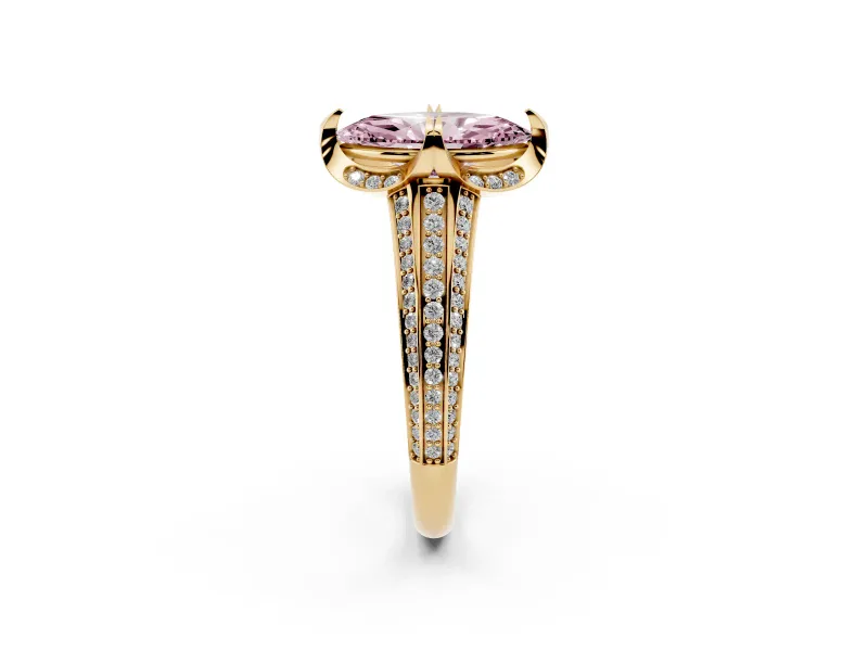Marquise Hidden Halo Engagement Ring Setting for a Fancy Pink Lab-Grown Diamond | Triple Row Pavé Band | Yellow Gold