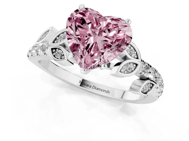 Fancy Pink Heart Cut Diamond Solitaire Leaf-Inspired Ring Set in Platinum with Pavé Band and Prong Setting