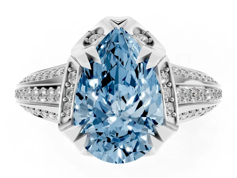 Pear-Shaped Hidden Halo Engagement Ring Setting for a Fancy Blue Lab-Grown Diamond | Triple Row Pavé Band | Platinum