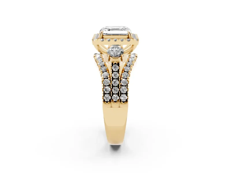 Asscher Cut Halo Split Shank Engagement Ring Setting | Round Side Stones | Yellow Gold