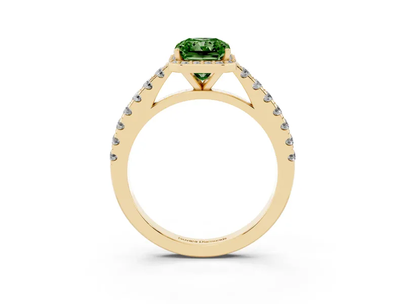 Fancy Green Radiant Cut Diamond Halo Engagement Ring Set in Yellow gold with Pavé Band and Prong Setting