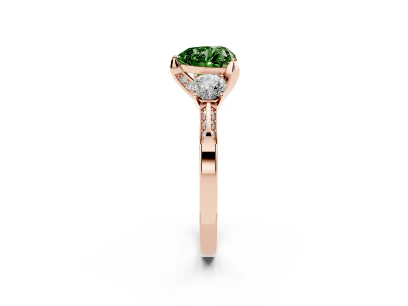 Heart-Shaped Hidden Halo Three Stone Engagement Ring Setting for a Fancy Green Lab-Grown Diamond | Rose Gold