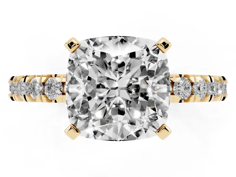 Cushion Cut Diamond Pavé Band Solitaire Set in Yellow gold with Prong Setting