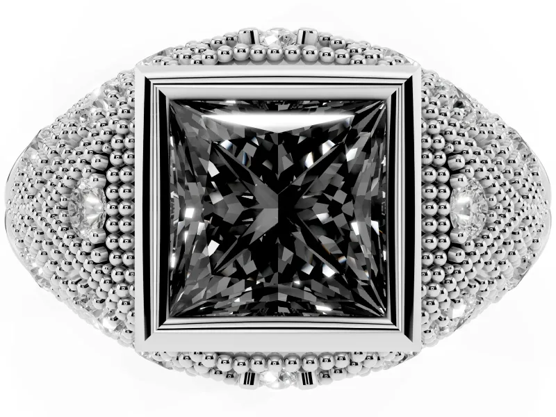 Fancy Black Princess Cut Diamond Bezel Ring Set in White gold with Milgrain Accent Band