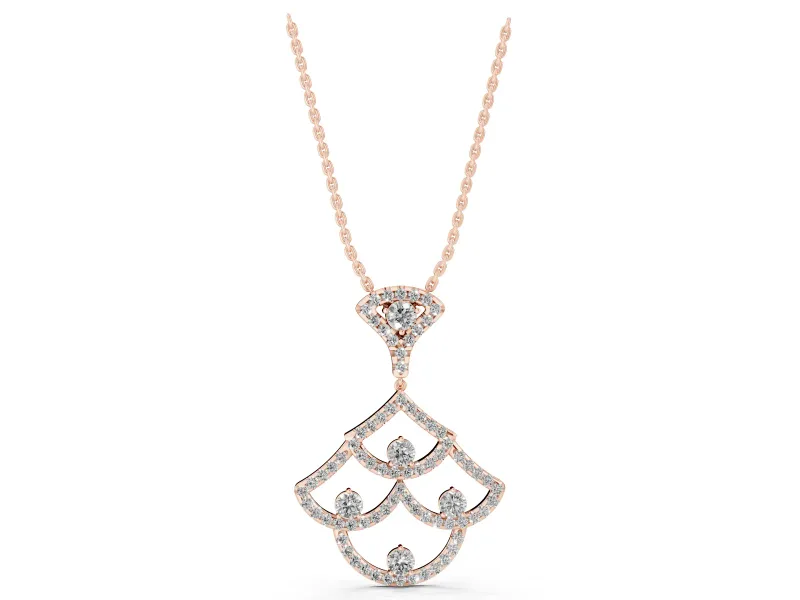 Round Lab-Grown Diamond Pavé Openwork Fan Pendant Necklace | Scalloped Arches | Rose Gold