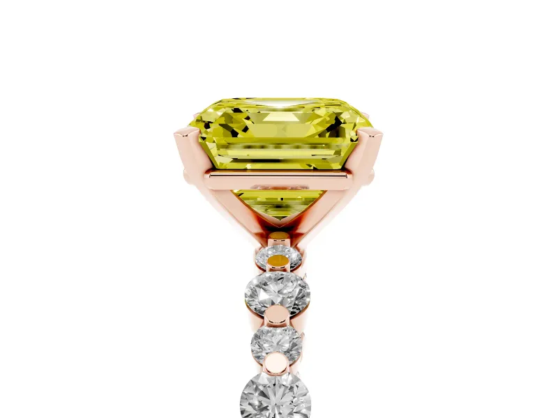 Fancy Yellow Asscher Cut Diamond Prong Set Engagement Ring Set in Rose gold with Round Accent Pavé Band