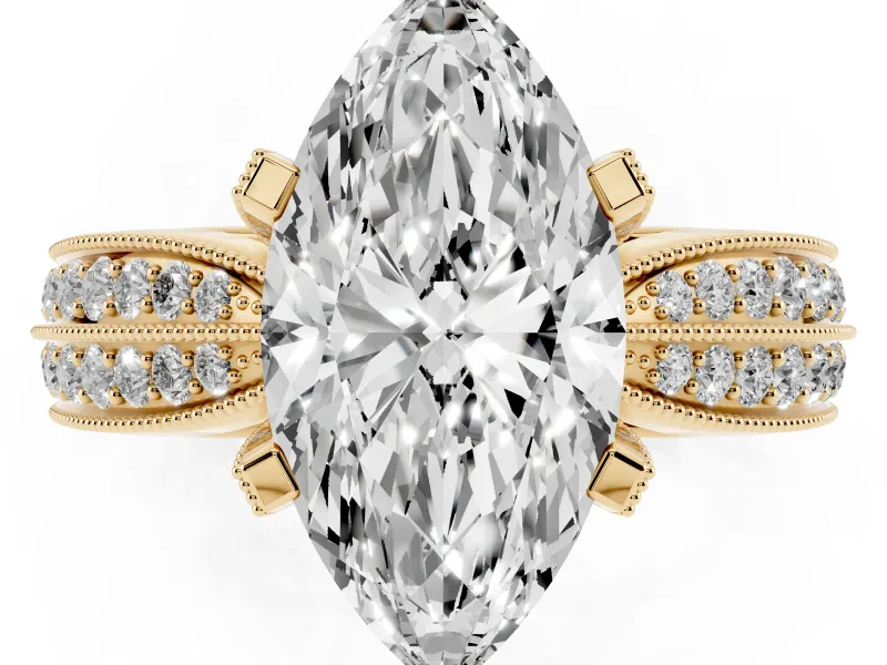 Marquise Milgrain Solitaire Engagement Ring Setting | Graduated Double Row Pave | Yellow Gold
