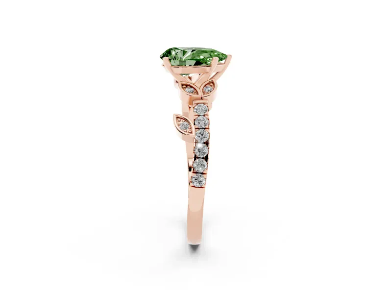 Fancy Green Pear Cut Diamond Solitaire Leaf-Inspired Ring Set in Rose gold with Pavé Band and Prong Setting