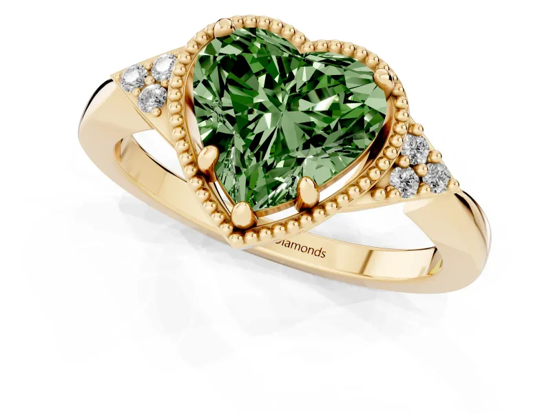 Fancy Green Heart Cut Diamond Milgrain Solitaire Ring Set in Yellow gold with Tapered Pavé Band and Prong Setting