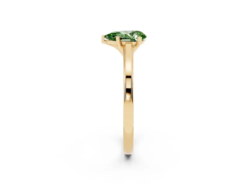 Fancy Green Pear Cut Diamond Solitaire Ring Set in Yellow gold with Prong Setting and Classic Band