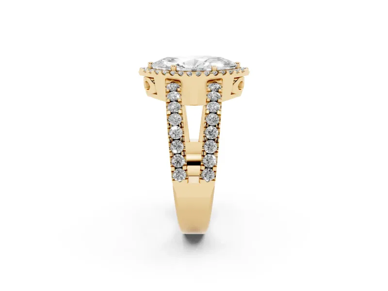 Marquise Cut Diamond Halo Ring Set in Yellow gold with Pavé Split Shank and Prong Setting