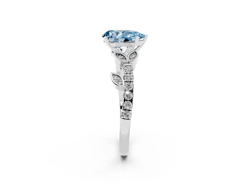 Fancy Blue Pear Cut Diamond Solitaire Leaf-Inspired Ring Set in Silver with Pavé Band and Prong Setting