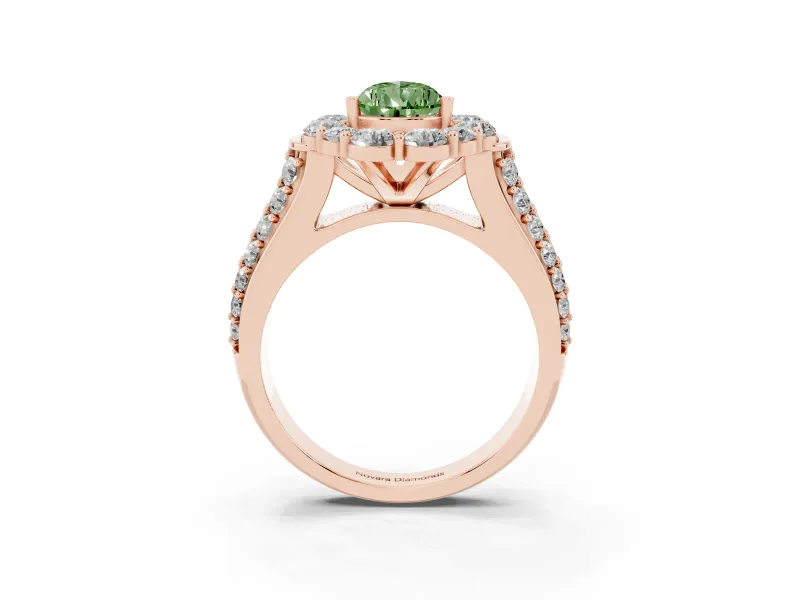 Fancy Green Pear Cut Diamond Halo Engagement Ring Set in Rose gold with Split Shank and Prong Setting