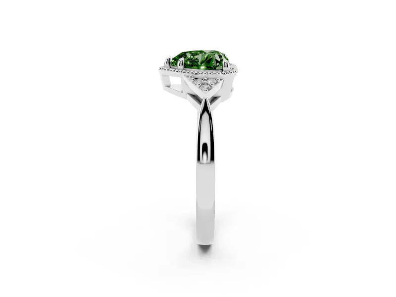 Fancy Green Heart Cut Diamond Milgrain Solitaire Ring Set in White gold with Tapered Pavé Band and Prong Setting