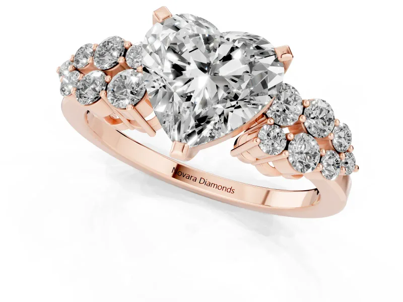 Heart-Shaped Side Stone Engagement Ring Setting | Two-Row Shoulder Clusters | Rose Gold