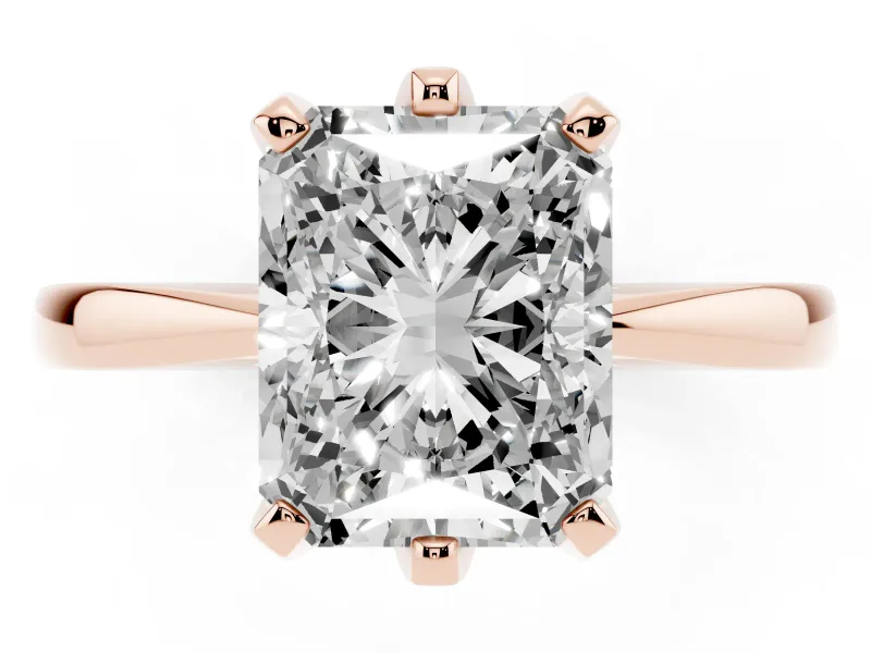 Radiant Cut Diamond Solitaire Engagement Ring Set in Rose gold with Slim Tapered Solitaire Band