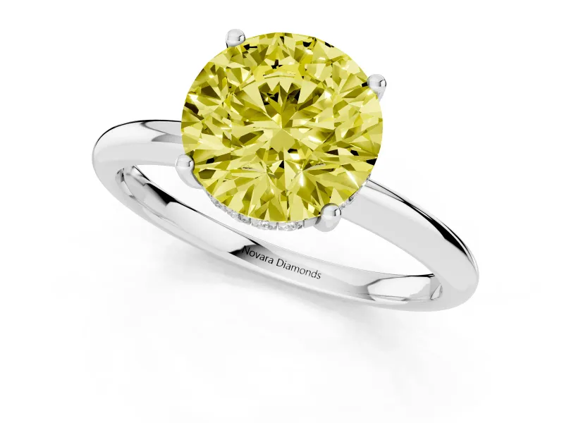 Round Hidden Halo Engagement Ring Setting for a Fancy Yellow Lab-Grown Diamond | Plain Band | Sterling Silver