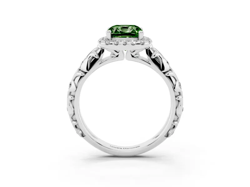 Cushion Cut Leaf Halo Engagement Ring Setting for a Fancy Green Lab-Grown Diamond | Bezel Accents | Platinum