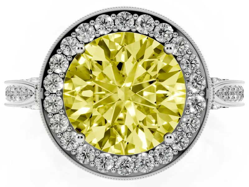 Round Milgrain Halo Engagement Ring Setting for a Fancy Yellow Lab-Grown Diamond | Side Stones | Platinum