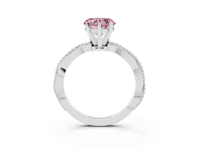 Fancy Pink Heart Cut Diamond Solitaire Ring Set in Silver with Twisted Band and Bead Prong Setting