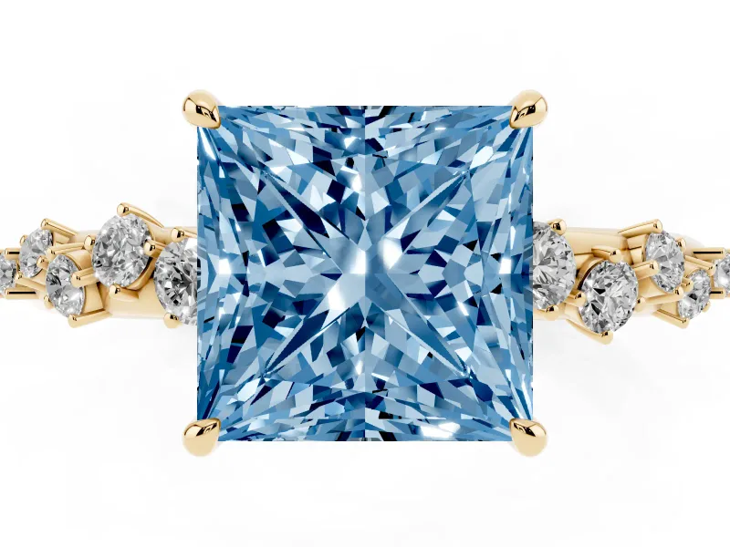Fancy Blue Princess Cut Diamond Cluster Solitaire Ring Set in Yellow gold with Prong Setting