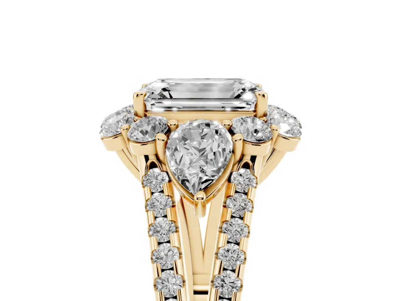 Emerald Cut Diamond Halo Split Shank Engagement Ring Set in Yellow gold with Prong-Held Center Stone