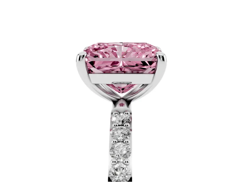 Fancy Pink Radiant Cut Diamond Solitaire Ring Set in Platinum with Round Pavé Band and Prong Setting