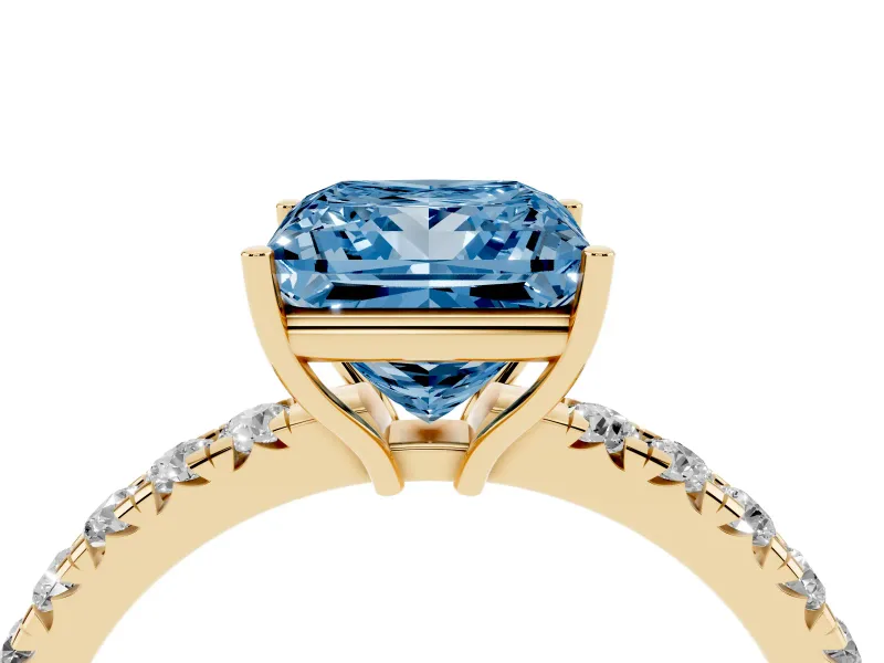 Princess Cut Pave Engagement Ring Setting for a Fancy Blue Lab-Grown Diamond | Shared Prong Band | Yellow Gold