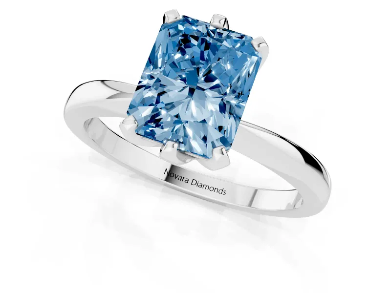 Fancy Blue Radiant Cut Diamond Solitaire Engagement Ring Set in Silver with Slim Tapered Solitaire Band