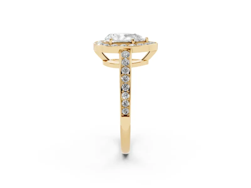 Pear Cut Diamond Halo Pavé Engagement Ring Set in Yellow gold with Bezel Setting