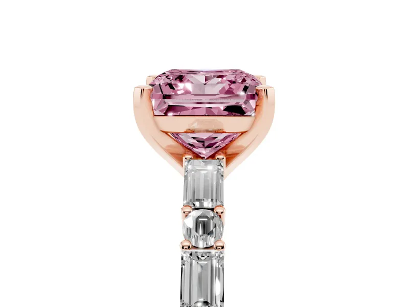 Fancy Pink Princess Cut Diamond Solitaire Set in Rose gold with Side Baguettes and Channel Set Band